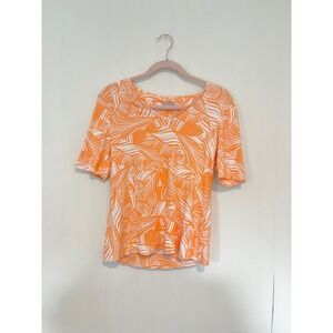 Chicos Womens 0 S Orange White Tropical Palm Leaf Pima Cotton V-Neck Top